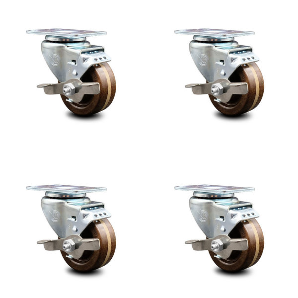 Service Caster 3 Inch High Temp Phenolic Wheel Swivel Top Plate Caster Set with Brake SCC SCC-20S314-PHSHT-TLB-4